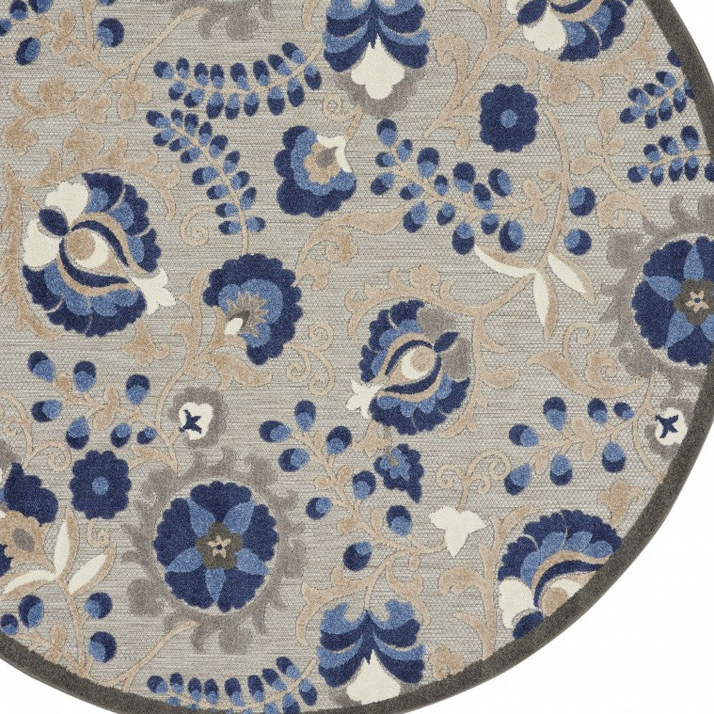 4' Round Blue And Gray Round Floral Indoor Outdoor Area Rug