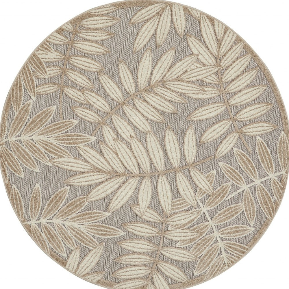 8' Round Gray And Ivory Round Floral Indoor Outdoor Area Rug