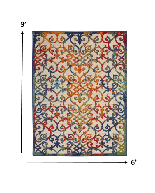 6' X 9' Ivory And Blue Floral Indoor Outdoor Area Rug