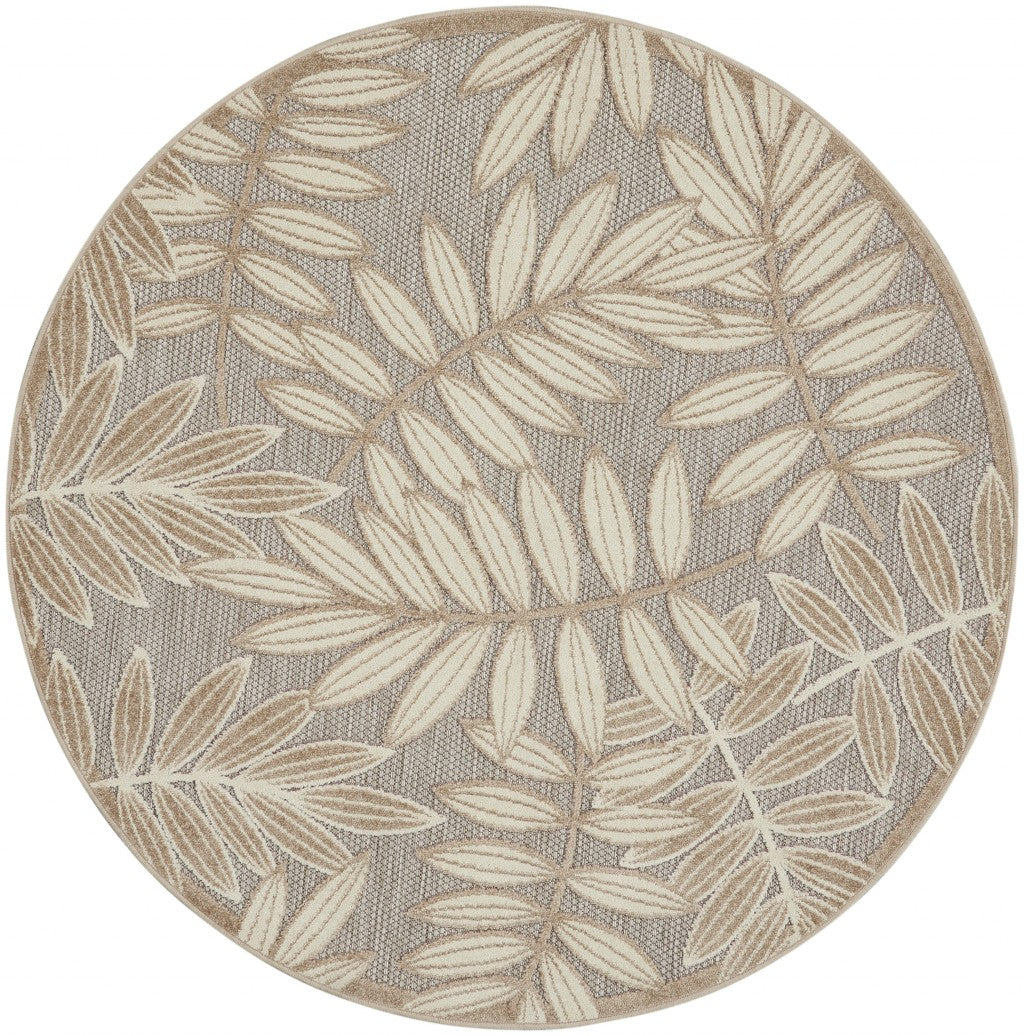 8' Round Gray And Ivory Round Floral Indoor Outdoor Area Rug