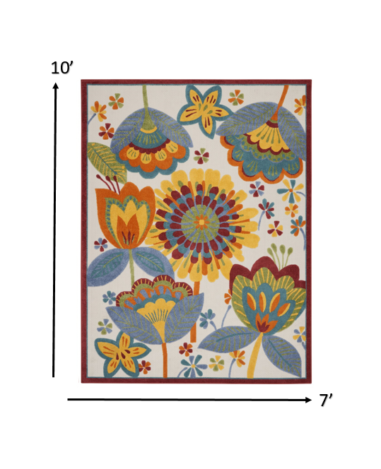 7' X 10' Yellow And Ivory Floral Indoor Outdoor Area Rug