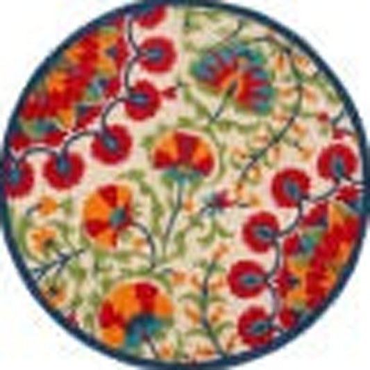 5' Round Red And Ivory Round Floral Indoor Outdoor Area Rug