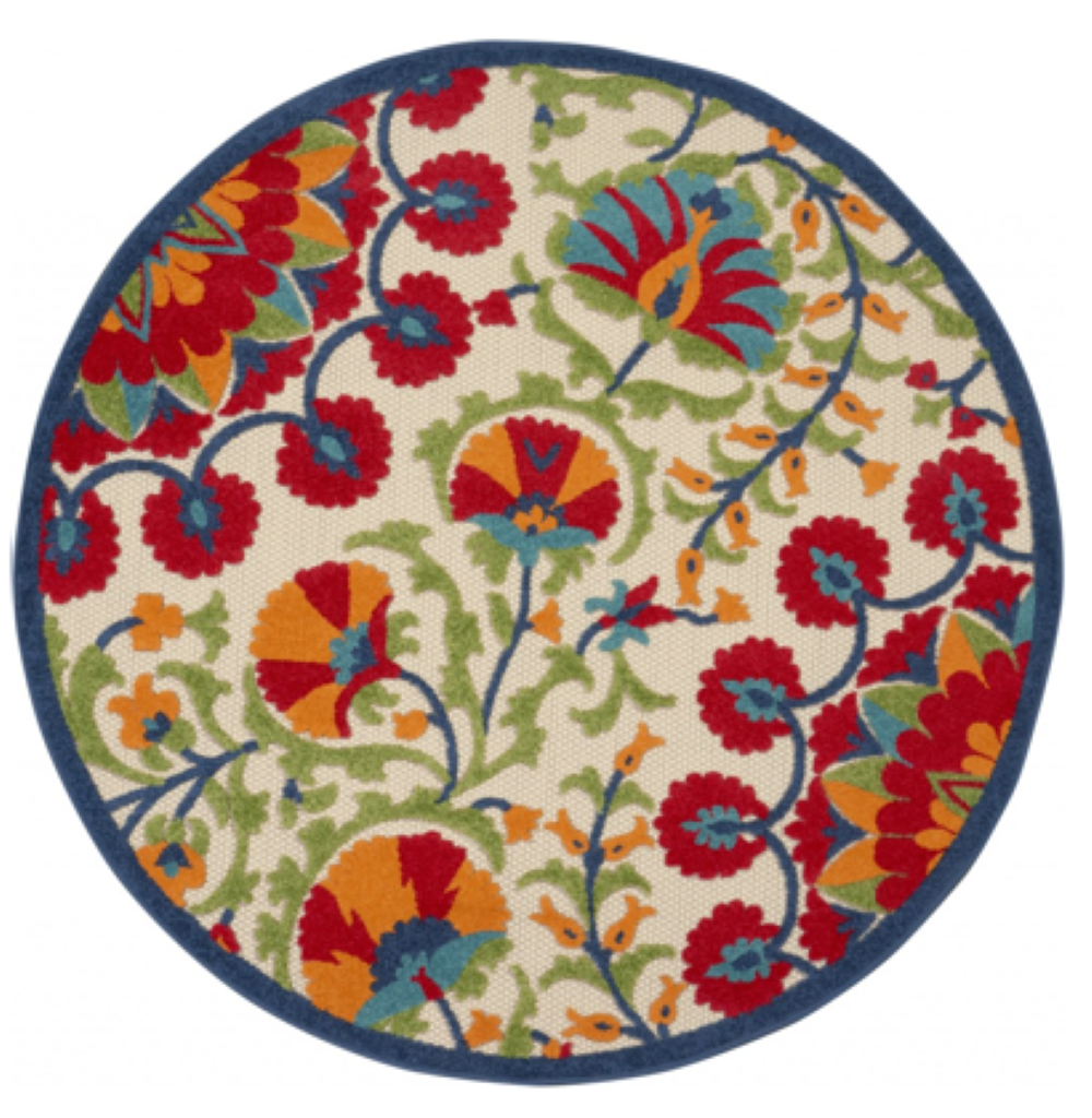 5' Round Red And Ivory Round Floral Indoor Outdoor Area Rug