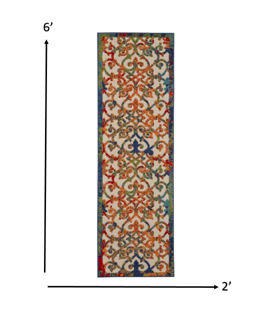 2' X 6' Ivory And Blue Floral Indoor Outdoor Area Rug