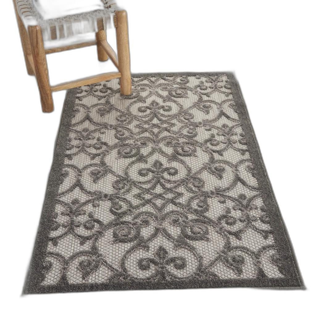 3' X 4' Gray Floral Indoor Outdoor Area Rug