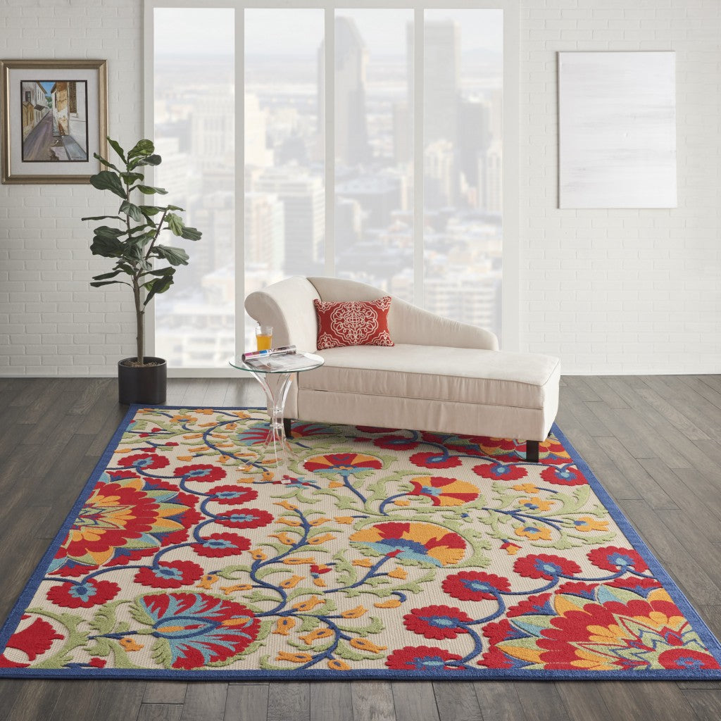 8' X 11' Red/Multicolor Floral Indoor Outdoor Area Rug