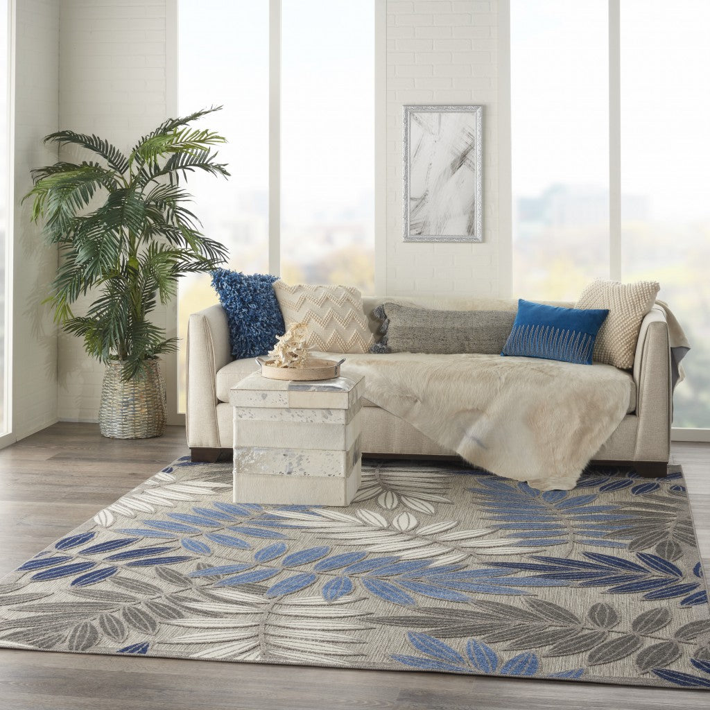 6' X 9' Grey/Blue Floral Indoor Outdoor Area Rug