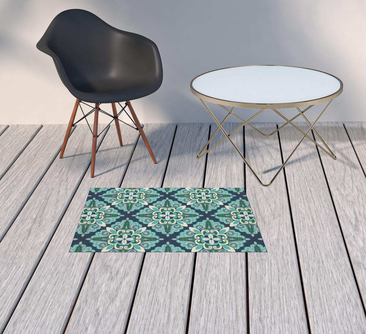 2' x 3' Blue and Green Floral Indoor Outdoor Area Rug