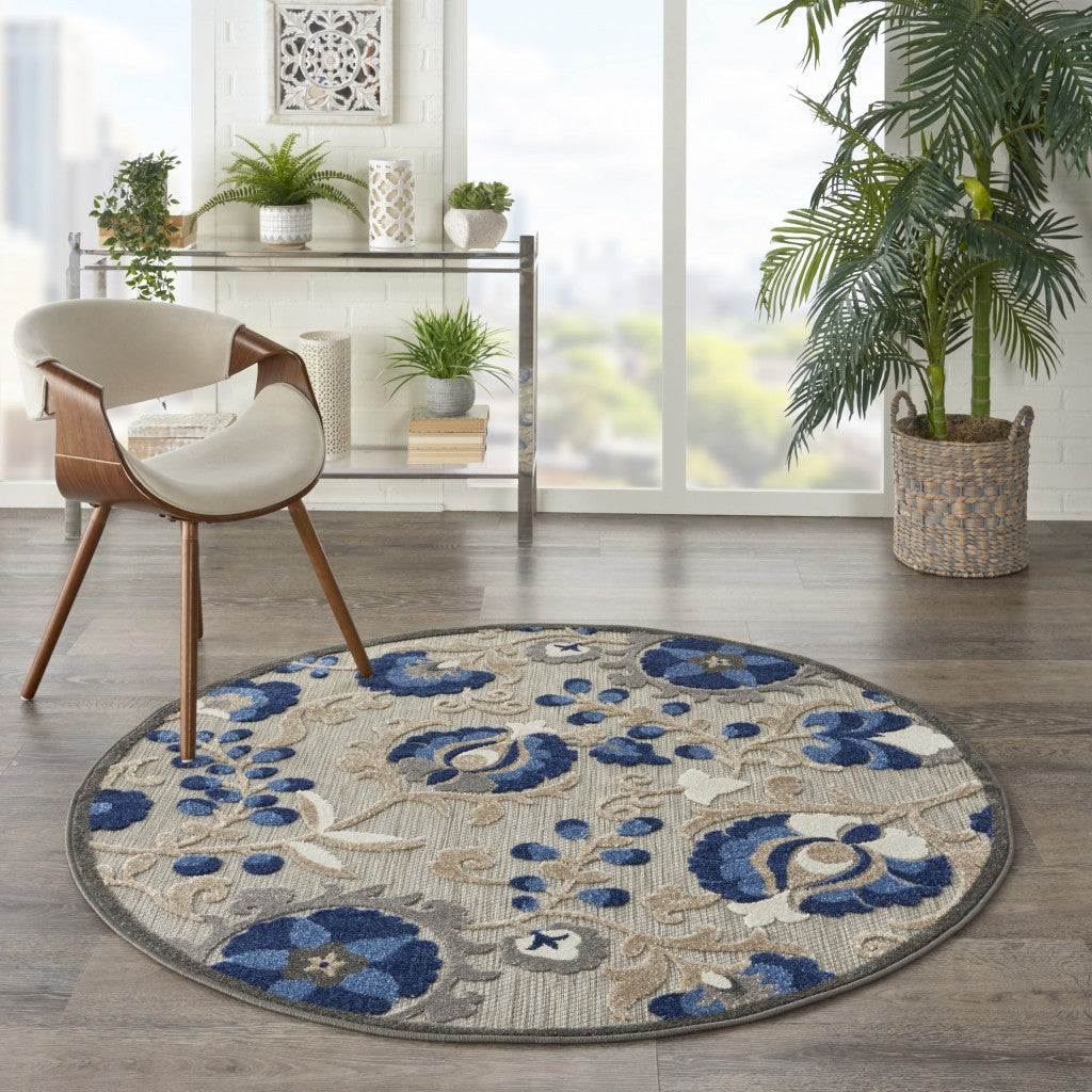 5' Round Blue And Gray Round Floral Indoor Outdoor Area Rug