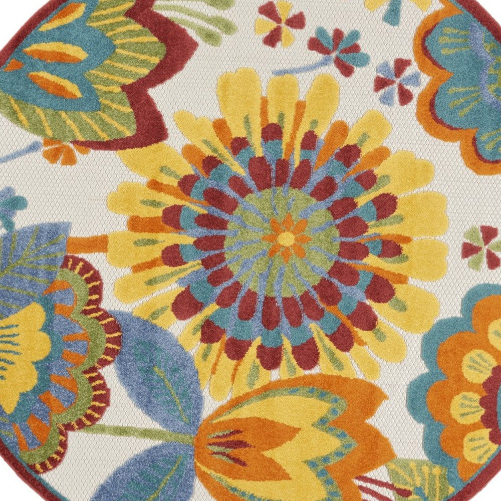 5' Round Yellow And Ivory Round Floral Indoor Outdoor Area Rug