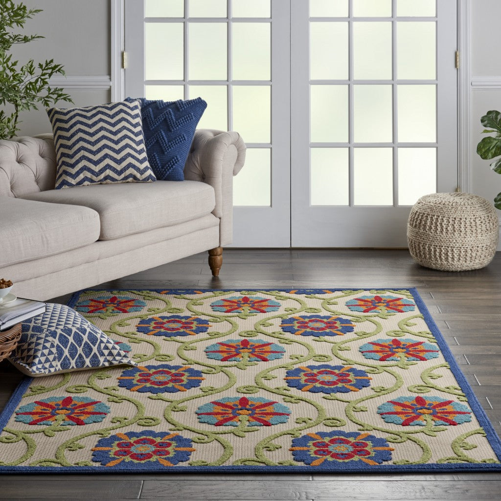 5' X 8' Ivory And Blue Indoor Outdoor Area Rug