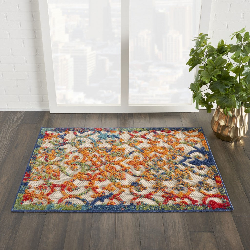 3' X 4' Ivory And Blue Floral Indoor Outdoor Area Rug