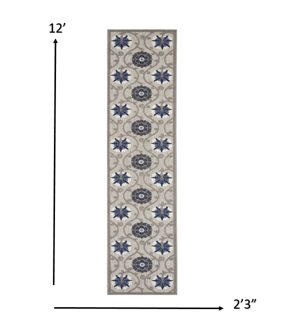 2’ x 12’ Gray and Blue Indoor Outdoor Runner Rug