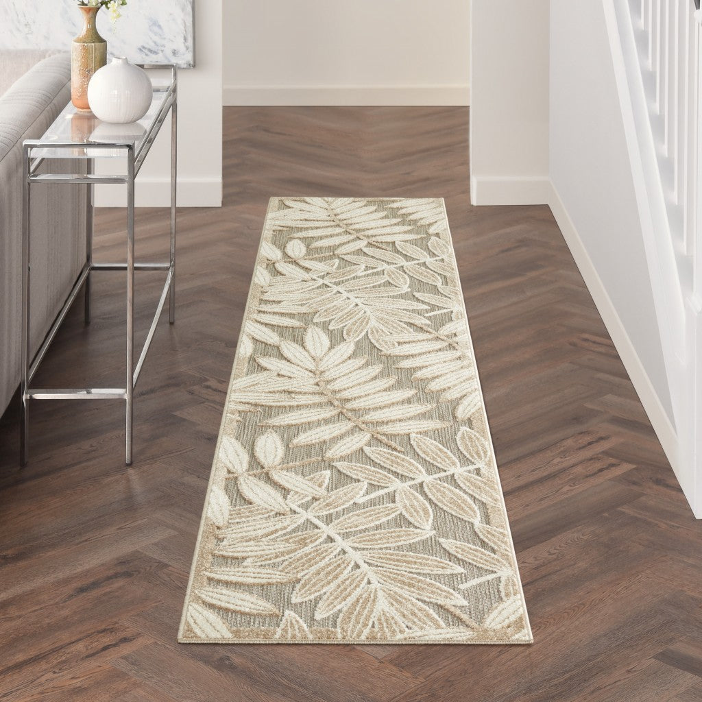 2' X 10' Gray And Ivory Floral Indoor Outdoor Area Rug