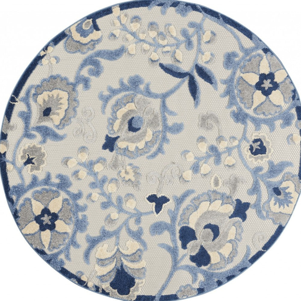 4' Round Blue And Gray Round Floral Indoor Outdoor Area Rug