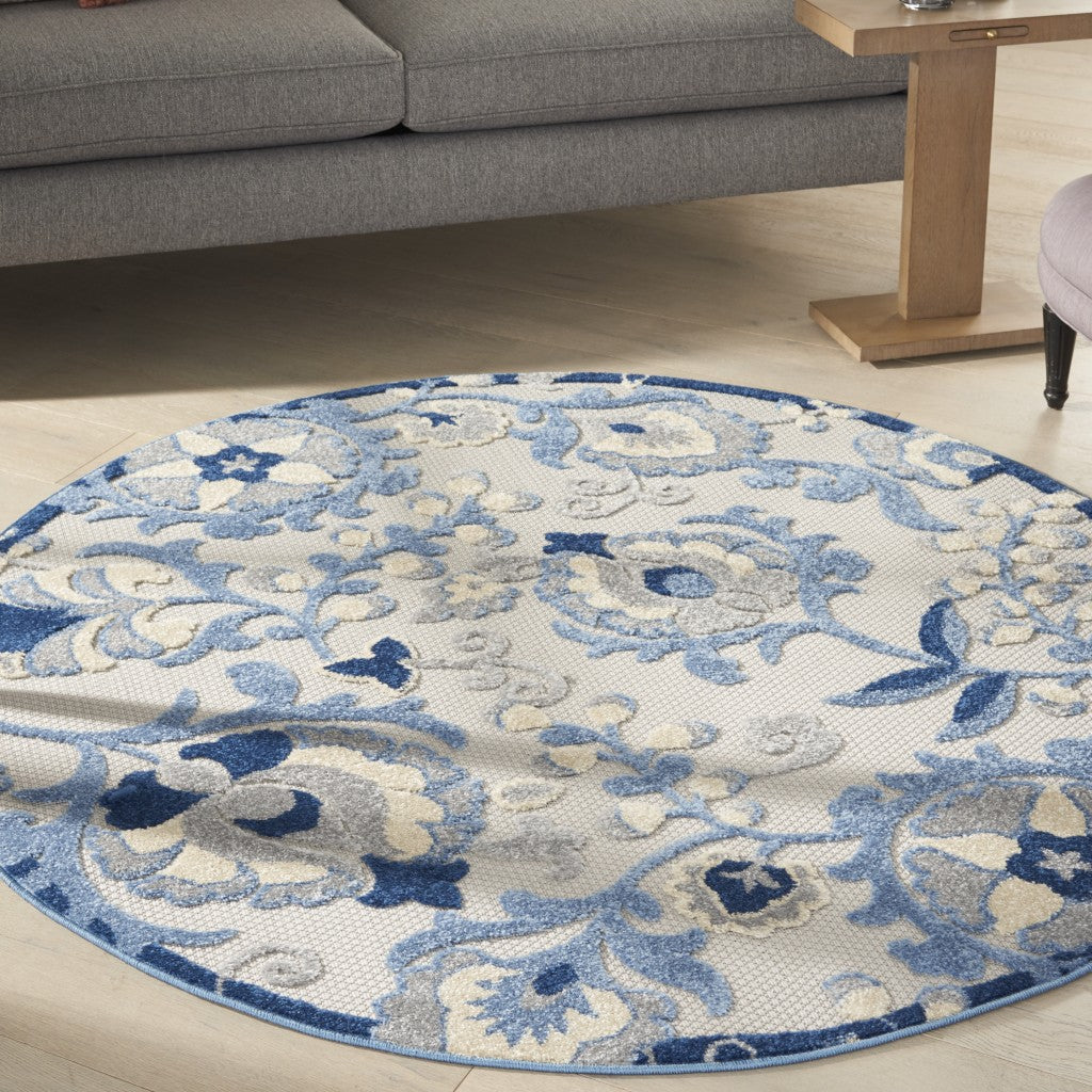 4' Round Blue And Gray Round Floral Indoor Outdoor Area Rug