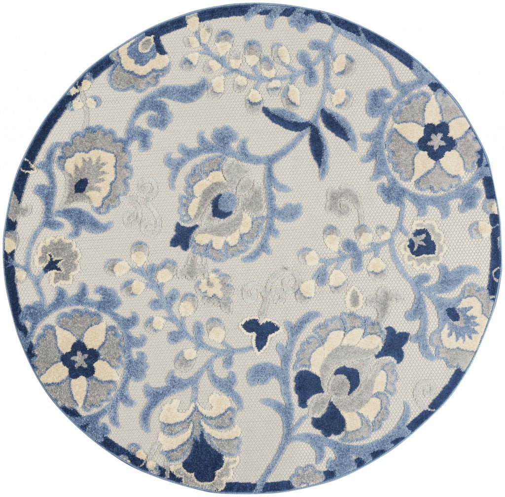 4' Round Blue And Gray Round Floral Indoor Outdoor Area Rug