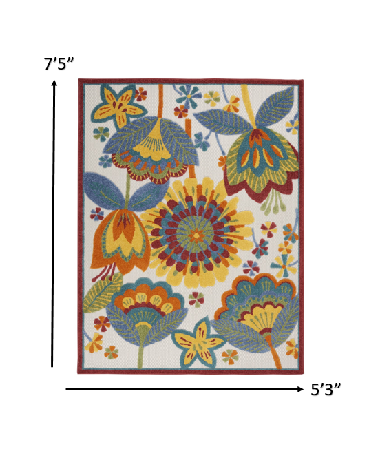 5' X 8' Yellow And Ivory Floral Indoor Outdoor Area Rug