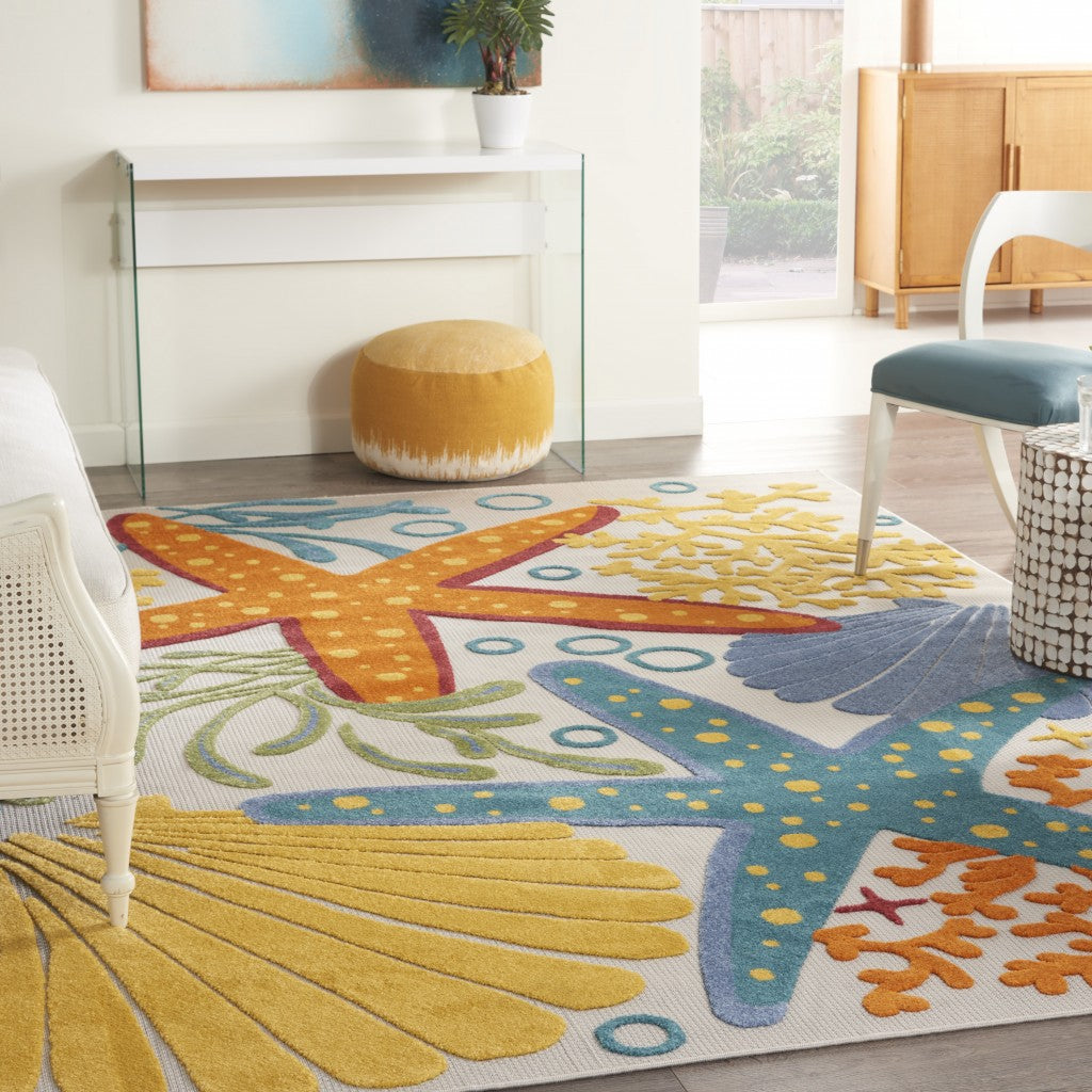 7' X 10' Yellow And Ivory Indoor Outdoor Area Rug