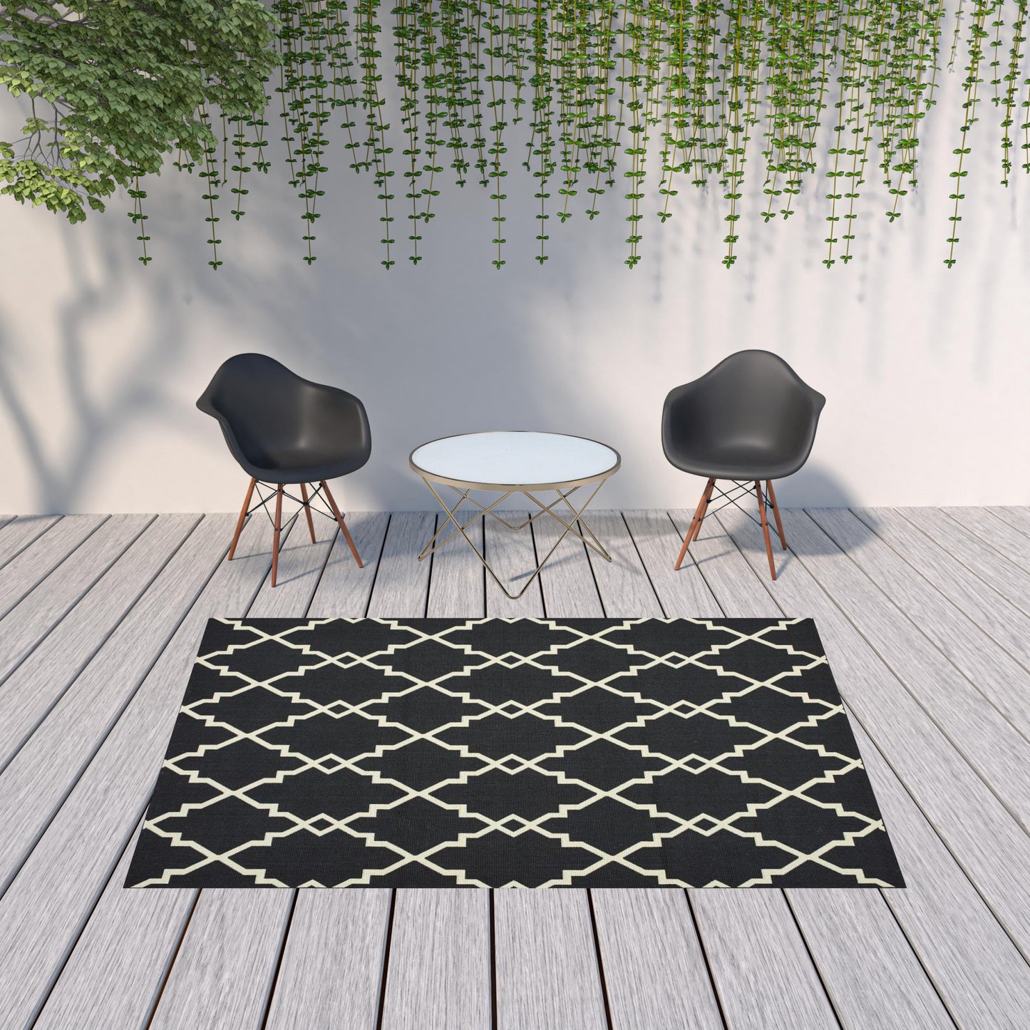 7' x 10' Black and Ivory Indoor Outdoor Area Rug