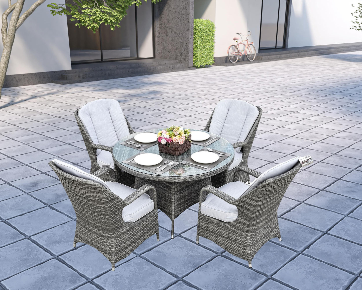 Five Piece Gray Round Glass Dining Set