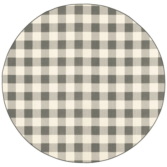 8' Round Gray and Ivory Round Gingham Stain Resistant Indoor Outdoor Area Rug