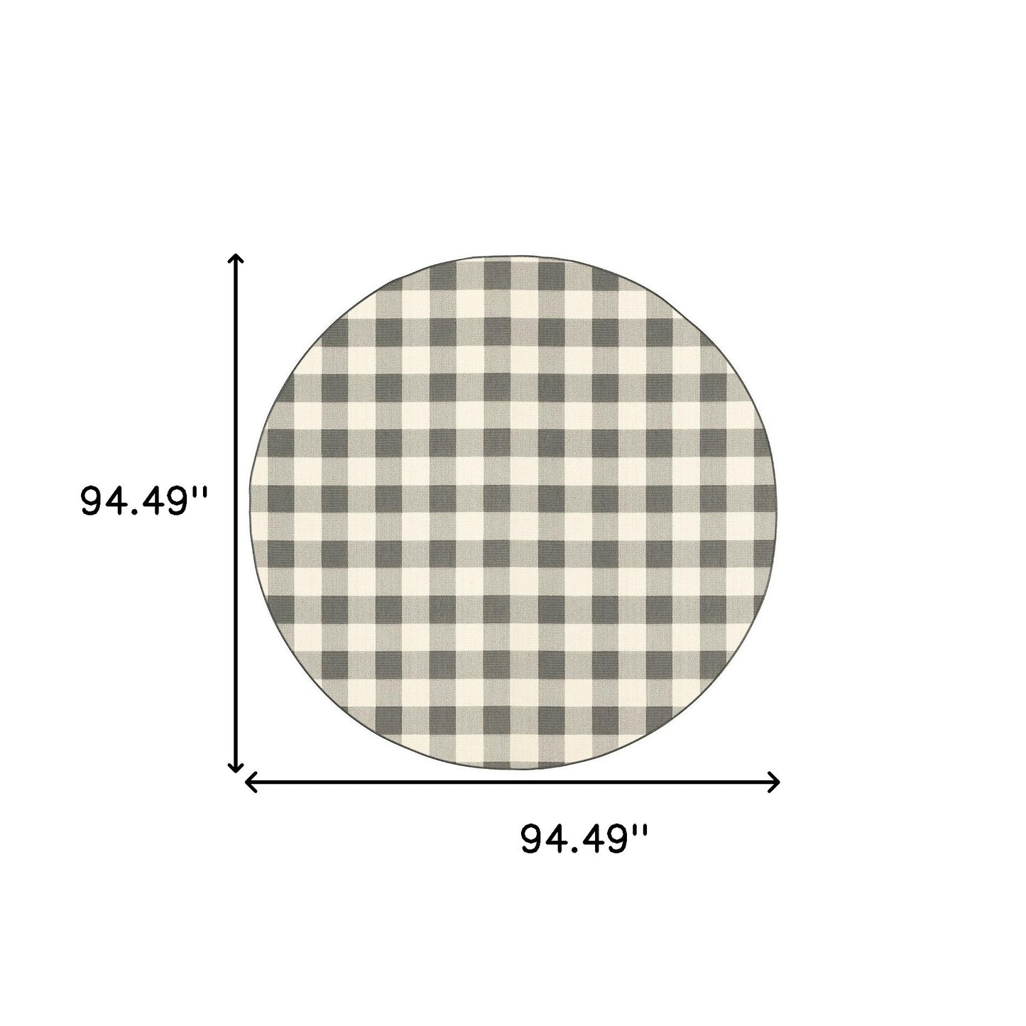 8' Round Gray and Ivory Round Gingham Stain Resistant Indoor Outdoor Area Rug