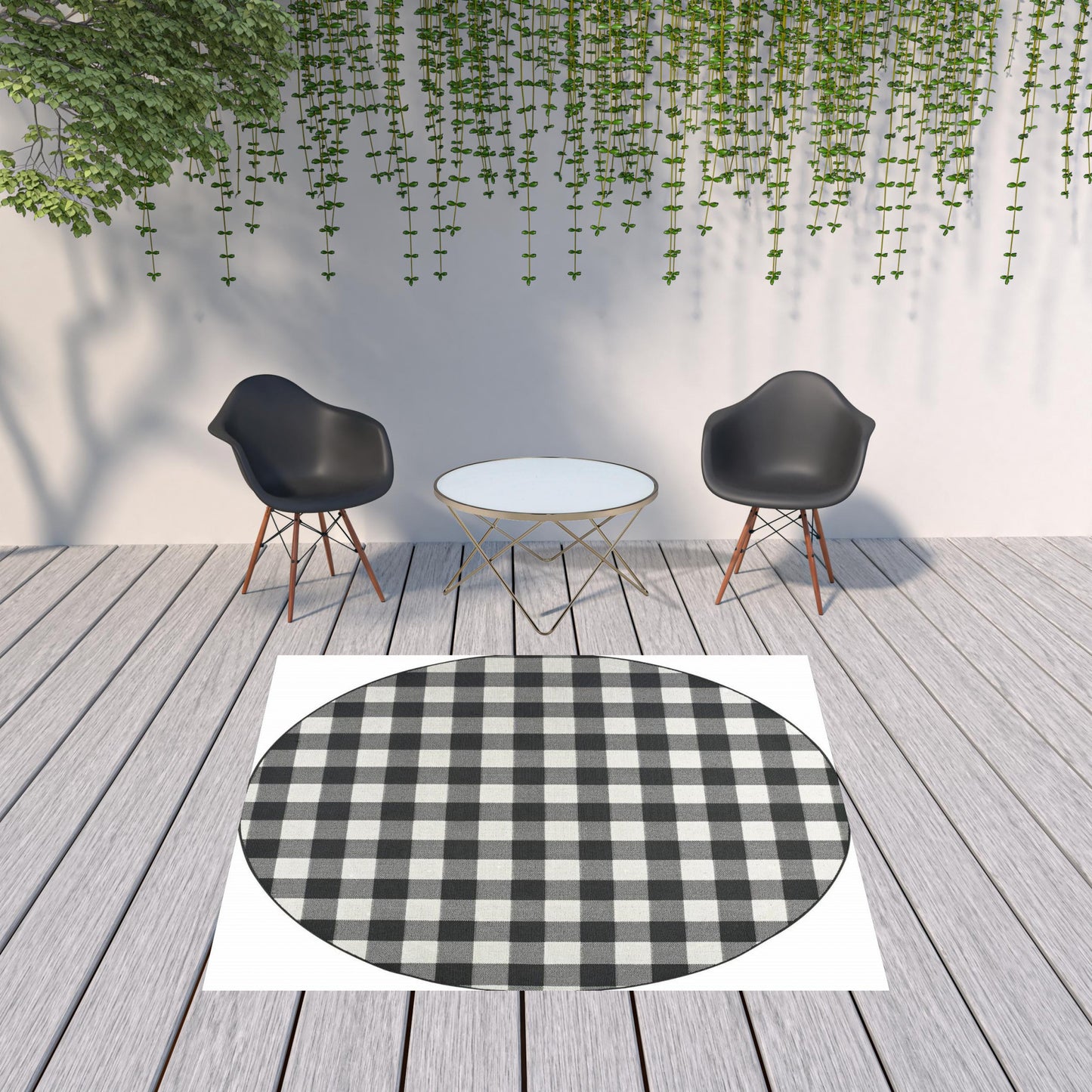 8' x 8' Black and Ivory Indoor Outdoor Area Rug