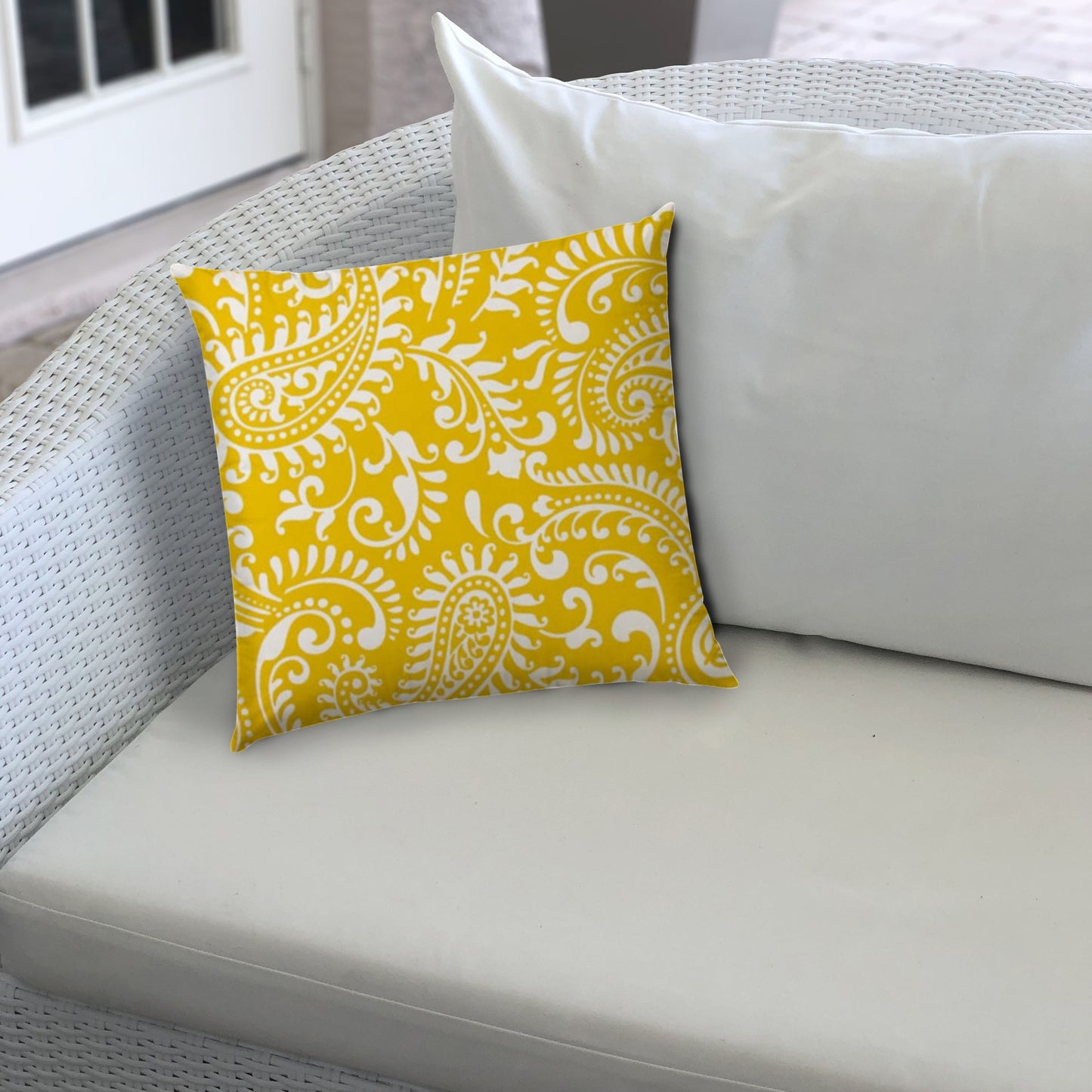 17" X 17" Cream And White Blown Seam Paisley Lumbar Indoor Outdoor Pillow