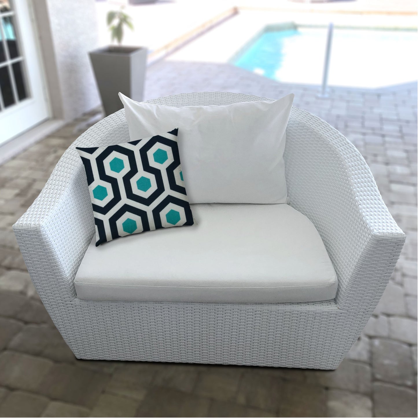 14" X 20" White And Aqua Blown Seam Geometric Lumbar Indoor Outdoor Pillow