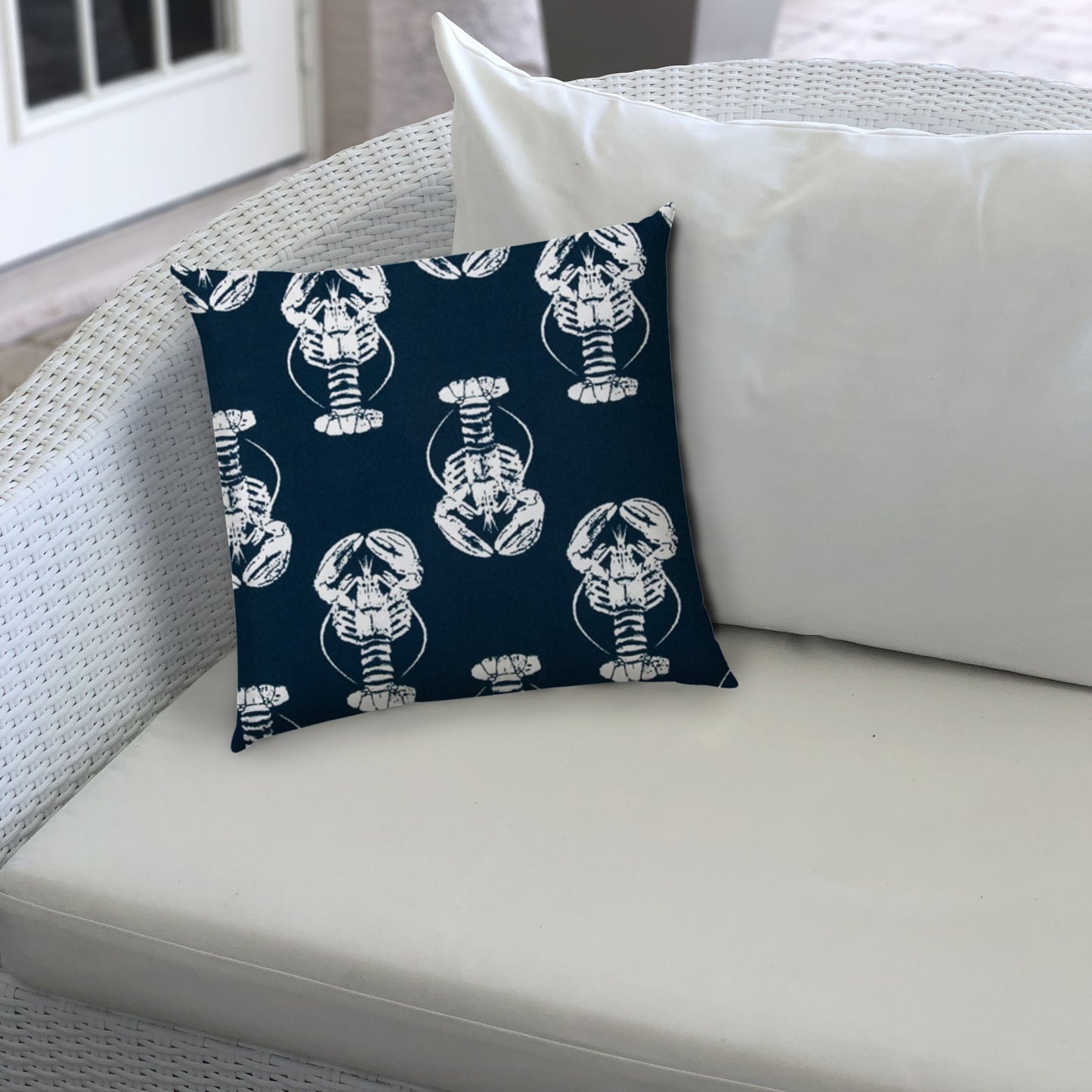 14" X 20" Navy Blue And White Lobster Blown Seam Lumbar Indoor Outdoor Pillow