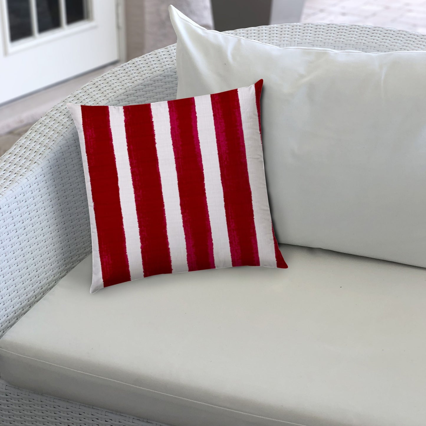 14" X 20" Hot White Blown Seam Striped Lumbar Indoor Outdoor Pillow