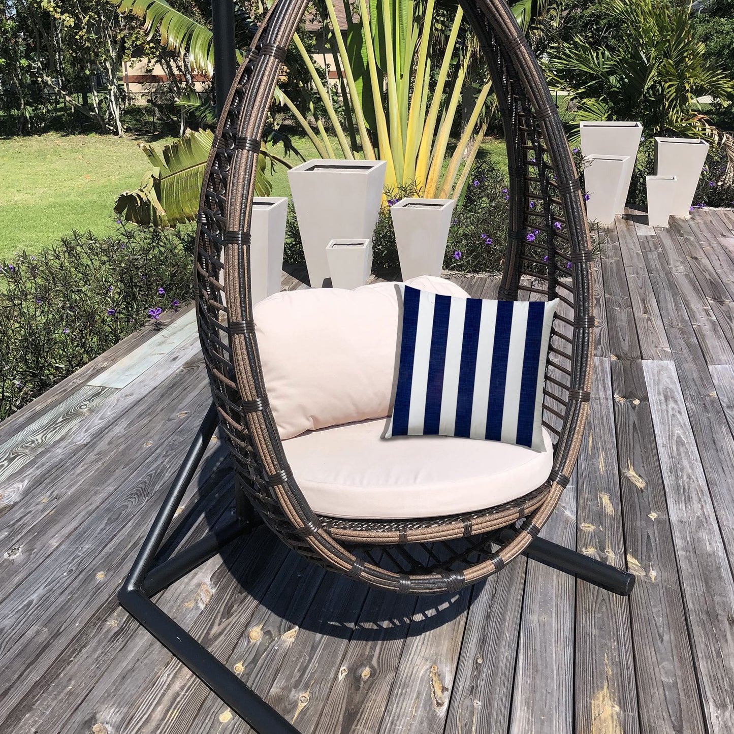 17" X 17" Navy Blue And White Blown Seam Striped Lumbar Indoor Outdoor Pillow