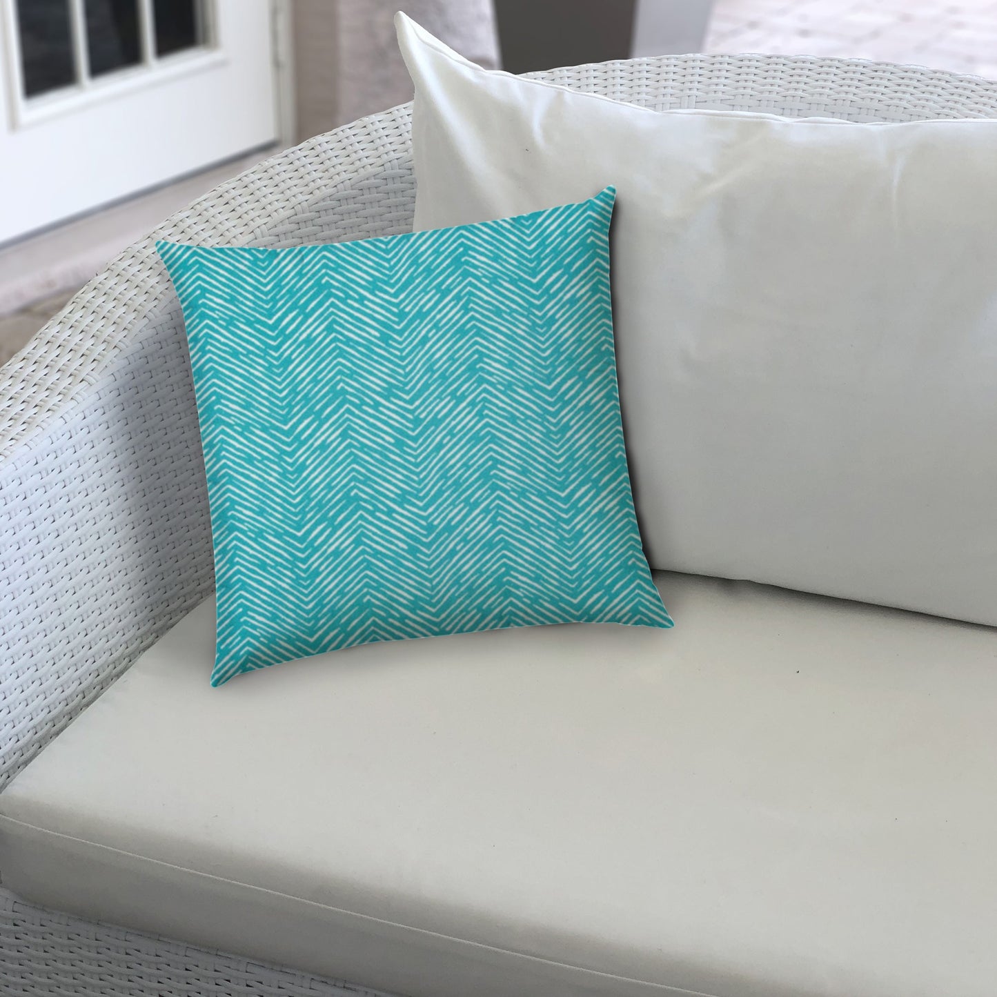 14" X 20" Turquoise And White Blown Seam Zigzag Lumbar Indoor Outdoor Pillow