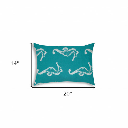 14" X 20" Turquoise And White Seahorse Blown Seam Lumbar Indoor Outdoor Pillow