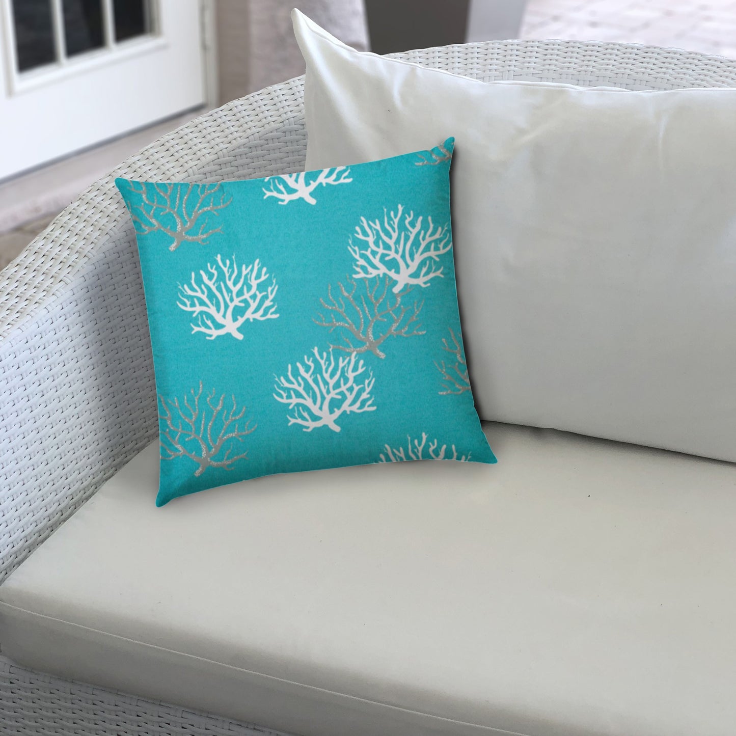 14" X 20" Aqua And White Corals Blown Seam Coastal Lumbar Indoor Outdoor Pillow