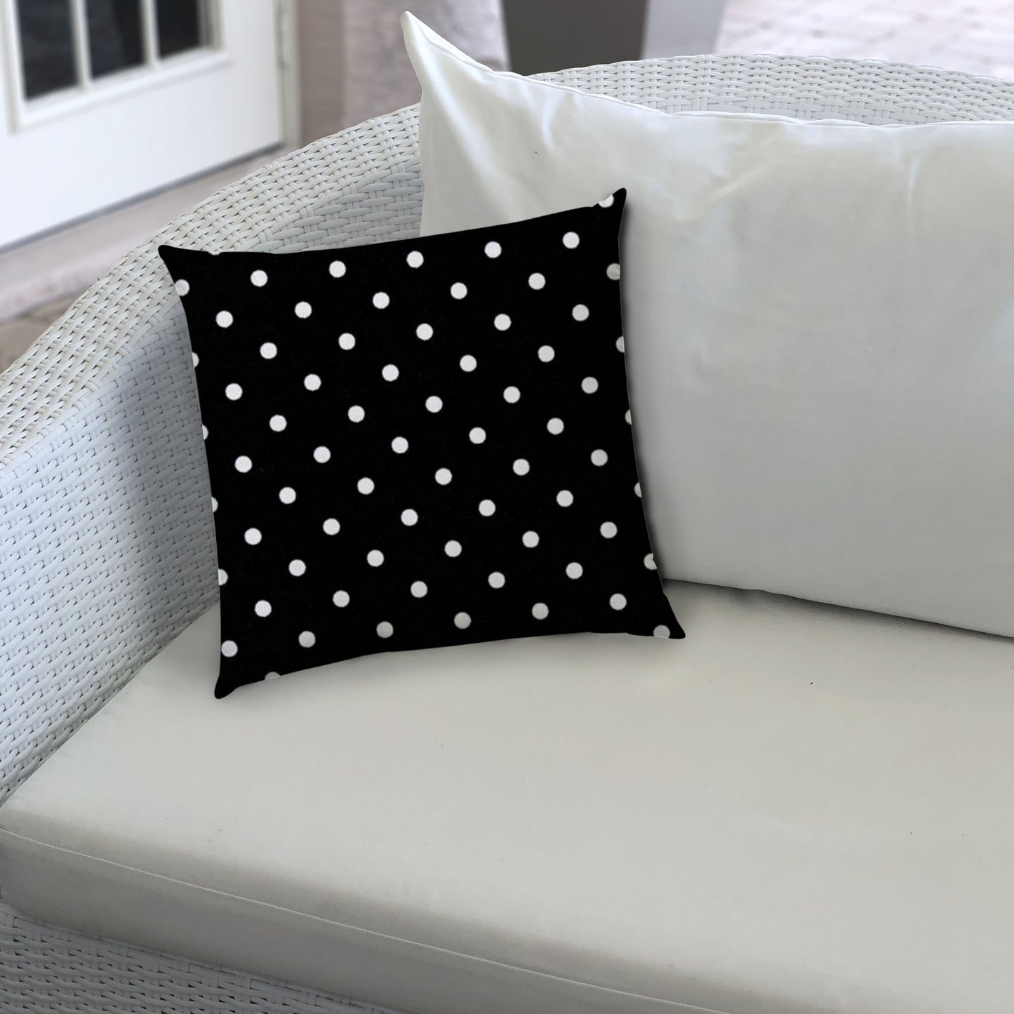 17" X 17" Black And White Blown Seam Polka Dots Lumbar Indoor Outdoor Pillow