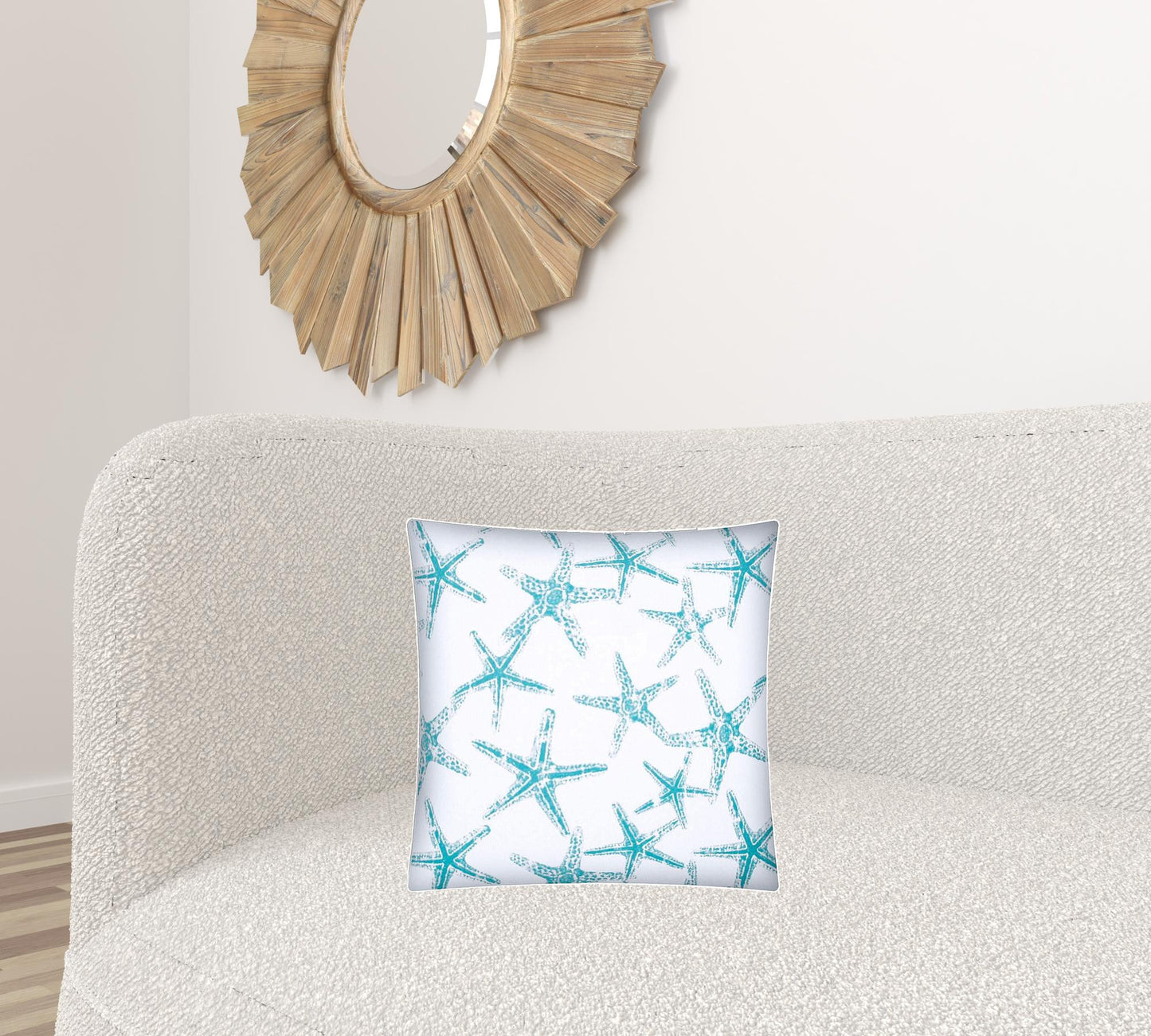 17" X 17" Turquoise And White Starfish Zippered Coastal Throw Indoor Outdoor Pillow