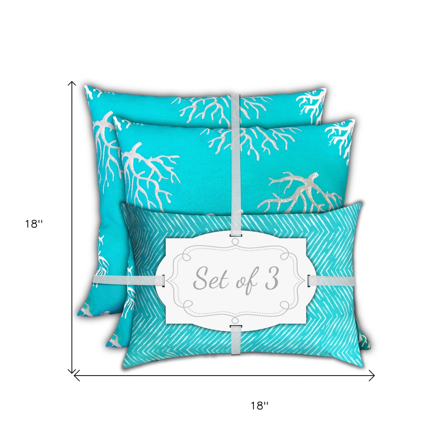 Set Of Three 18" X 18" Ocean Blue And White Corals Blown Seam Coastal Throw Indoor Outdoor Pillow