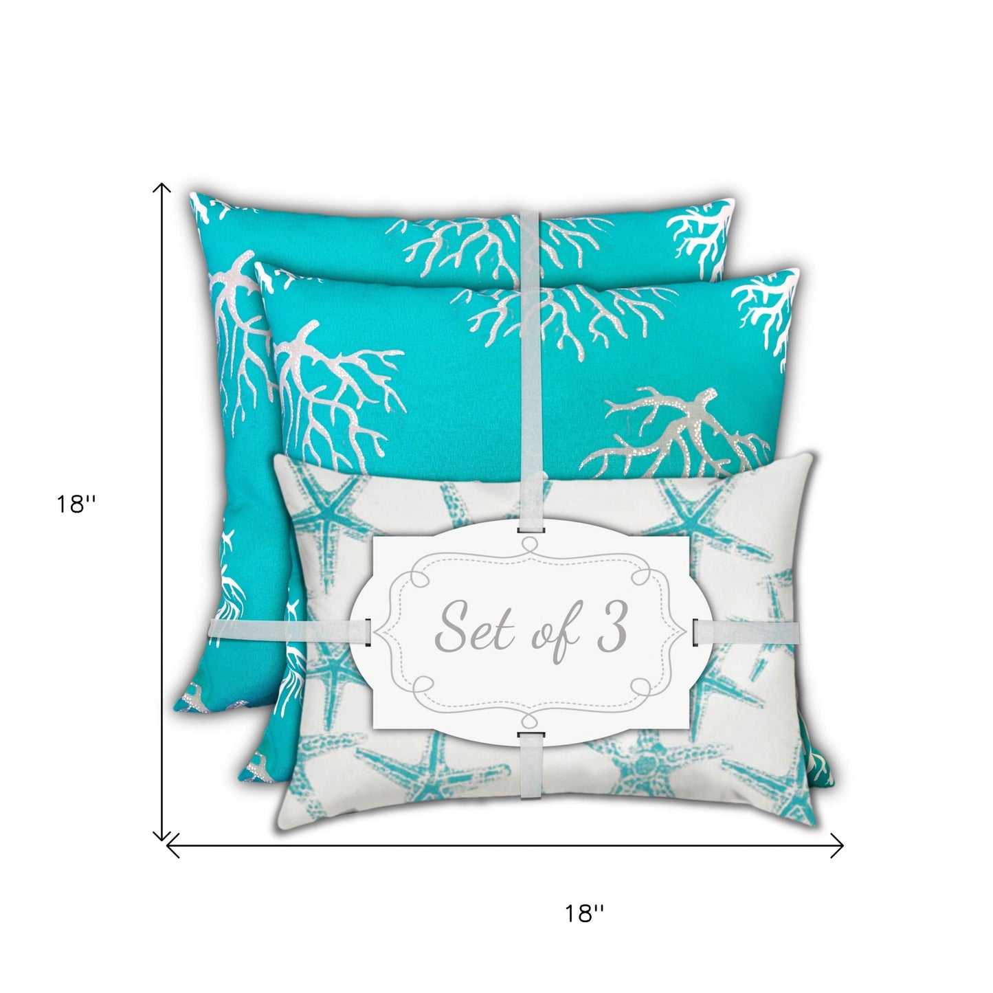 Set Of Three 18" X 18" Ocean Blue And White Corals Blown Seam Coastal Throw Indoor Outdoor Pillow