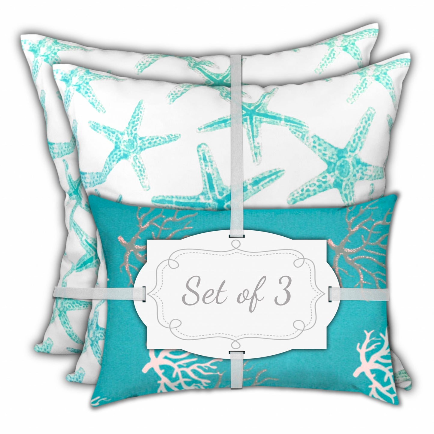 Set Of Three 18" X 18" Ocean Blue And White Starfish Blown Seam Coastal Throw Indoor Outdoor Pillow