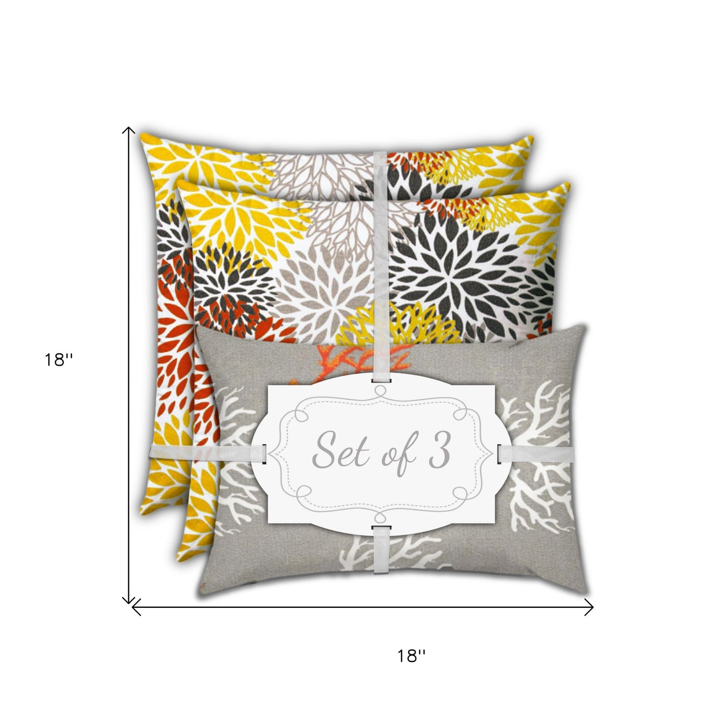 Set Of Three 18" X 18" Gray And White Blown Seam Floral Throw Indoor Outdoor Pillow