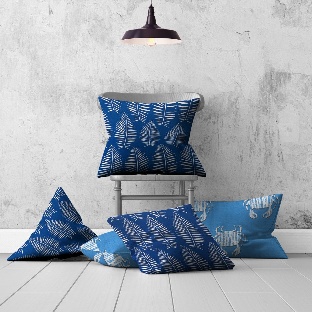 Set Of Three 20" X 20" Blue And White Crab Blown Seam Coastal Throw Indoor Outdoor Pillow