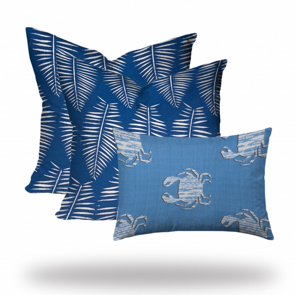 Set Of Three 20" X 20" Blue And White Crab Blown Seam Coastal Throw Indoor Outdoor Pillow