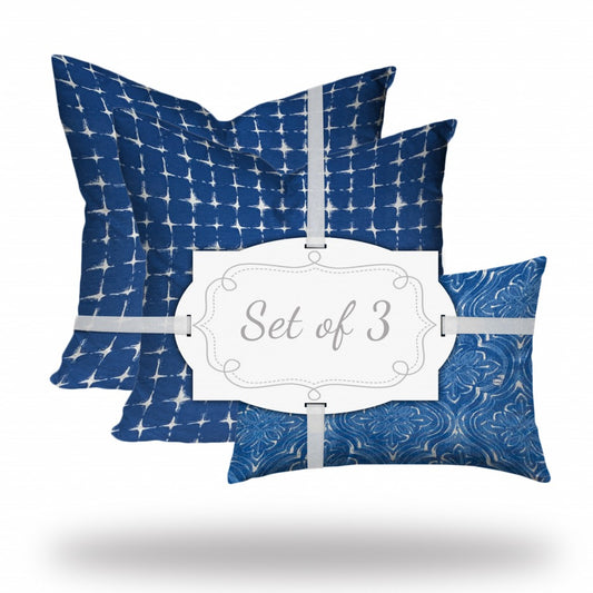 Set Of Three 20" X 20" Blue And White Enveloped Gingham Throw Indoor Outdoor Pillow Cover