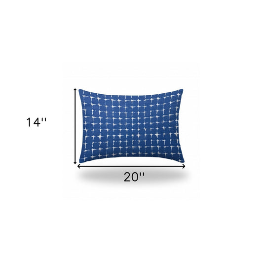 14" X 20" Blue And White Blown Seam Gingham Lumbar Indoor Outdoor Pillow