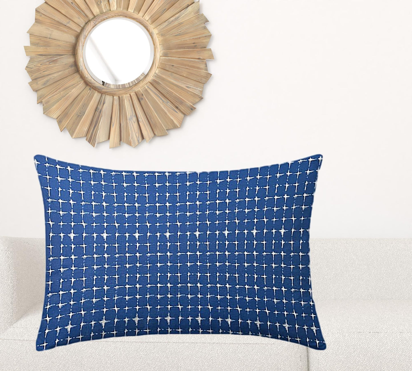 24" X 36" Blue And White Enveloped Gingham Lumbar Indoor Outdoor Pillow