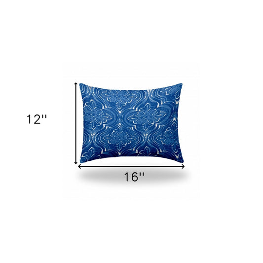12" X 16" Blue And White Blown Seam Ikat Lumbar Indoor Outdoor Pillow