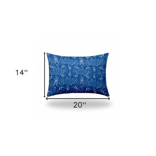 14" X 20" Blue And White Enveloped Ikat Lumbar Indoor Outdoor Pillow