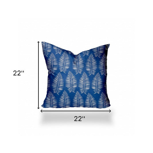 22" X 22" Blue And White Zippered Tropical Throw Indoor Outdoor Pillow